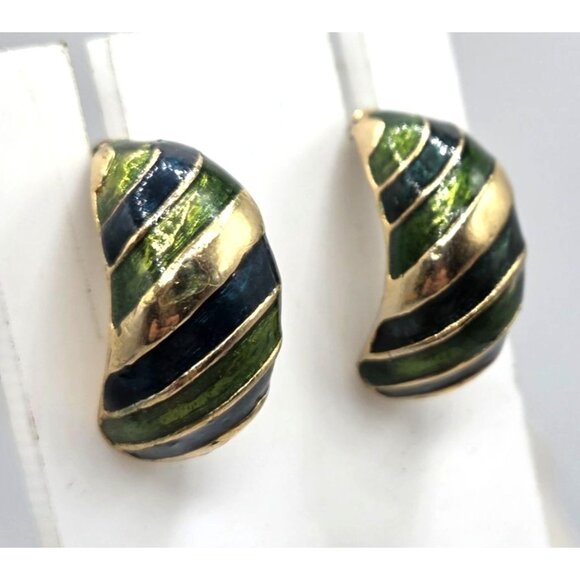 Vintage Half Hoop Gold Green and Blue Enamel Stripe Earrings - Picture 2 of 2